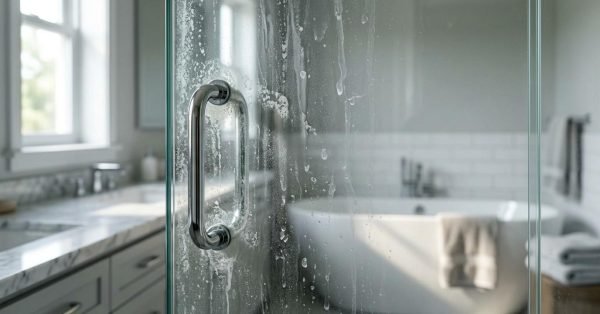 Close-up of a frameless glass shower door covered in white soapy residue, water spots, and streaks around a chrome D-handle, with a modern freestanding bathtub and marble vanity blurred in the background.