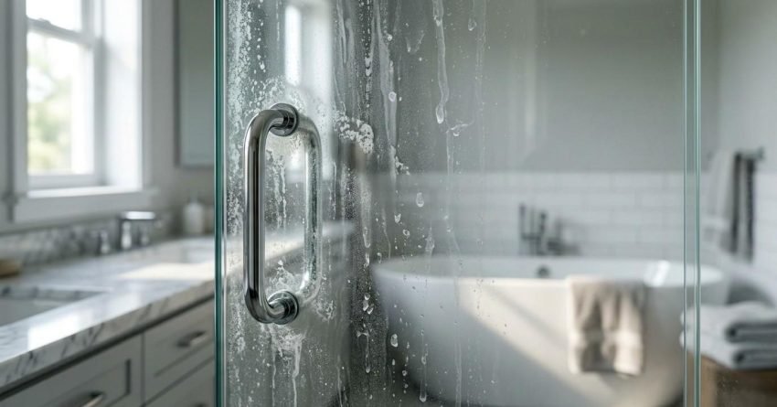 Close-up of a frameless glass shower door covered in white soapy residue, water spots, and streaks around a chrome D-handle, with a modern freestanding bathtub and marble vanity blurred in the background.