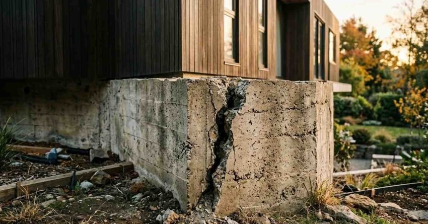 Severe vertical crack splitting a concrete foundation wall of a modern house with dark timber siding.