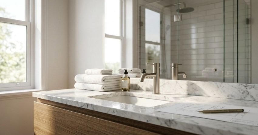Modern timber bathroom vanity featuring a Carrara marble countertop, undermount ceramic sink, brushed nickel mixer tap, stacked white towels, architectural floor plan, and a frameless glass shower in the mirror reflection.
