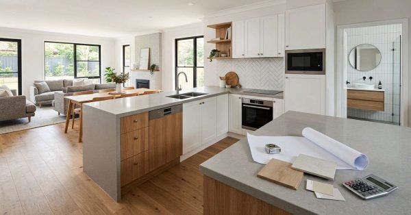 Mid-range Sydney home renovation showing a new kitchen, refreshed bathroom, upgraded flooring, lighting, and living spaces representing what a $100,000 renovation budget can achieve.