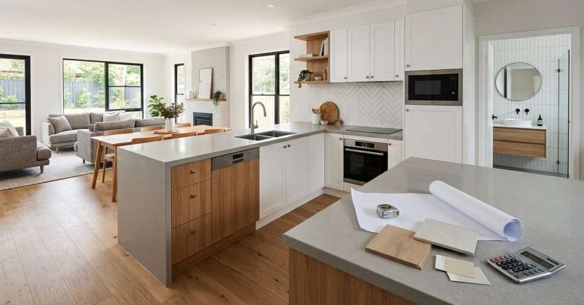 Mid-range Sydney home renovation showing a new kitchen, refreshed bathroom, upgraded flooring, lighting, and living spaces representing what a $100,000 renovation budget can achieve.