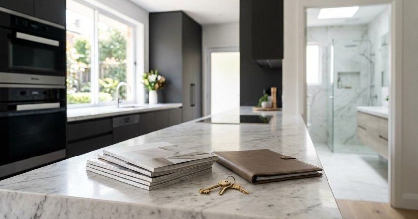 Stack of design lookbooks, brass house keys, and a leather portfolio binder on a white marble kitchen island overlooking a modern dark kitchen and an open view into a renovated marble bathroom.