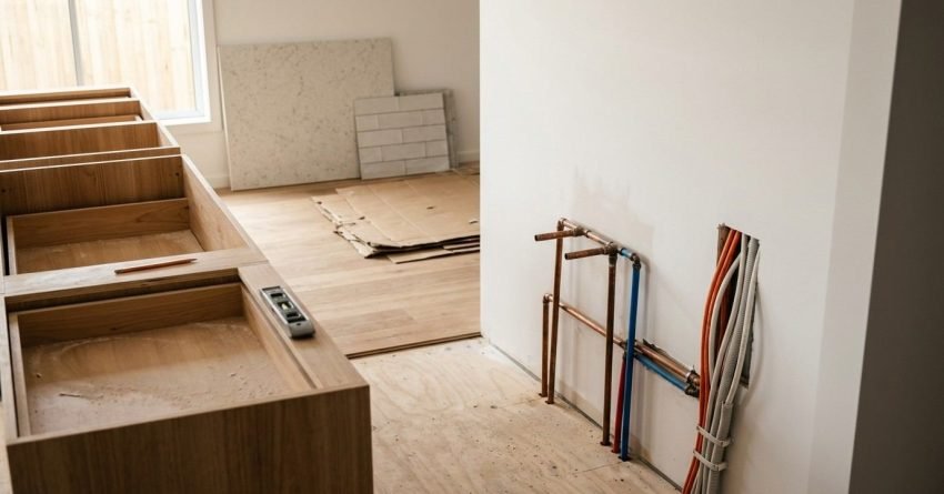 Kitchen renovation sequence stage showing unfinished timber island base cabinets with a spirit level and pencil, alongside exposed copper and PEX plumbing lines and bundled electrical conduits in a wall cutout on a plywood subfloor.