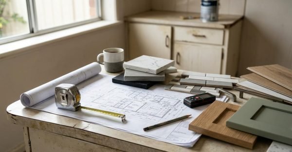 Kitchen renovation planning board on a rustic workbench featuring architectural floor plan blueprints, measuring tape, digital laser measurer, coffee mug, marble and quartz swatches, subway tiles, timber flooring planks, and sage green shaker cabinet profiles.