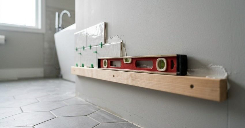 Wall tile installation in progress featuring glossy white rectangular tiles set with green cross spacers on top of a level timber ledger board held by a red spirit level, above grey hexagonal floor tiles leading toward a freestanding bathtub.
