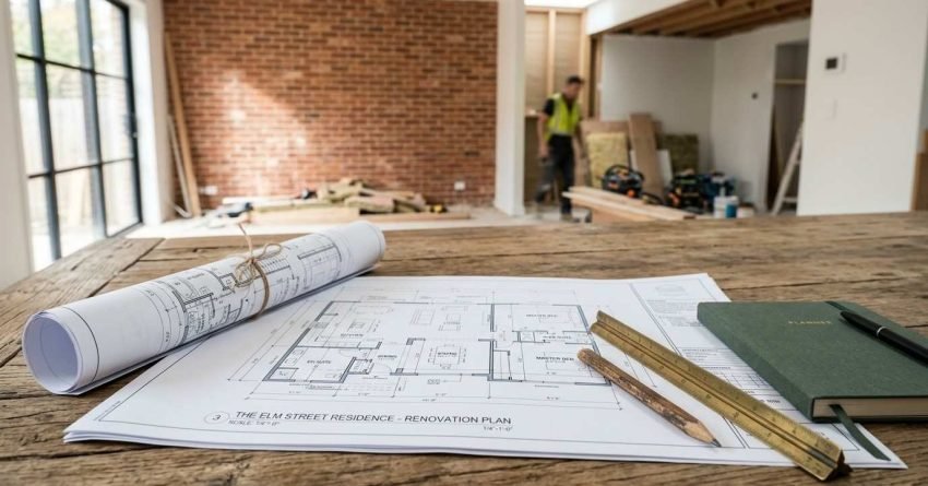 Architectural renovation plans for "The Elm Street Residence" on a wooden table with drafting pencils, a scale ruler, and a notebook, with an exposed brick house construction site in the background.