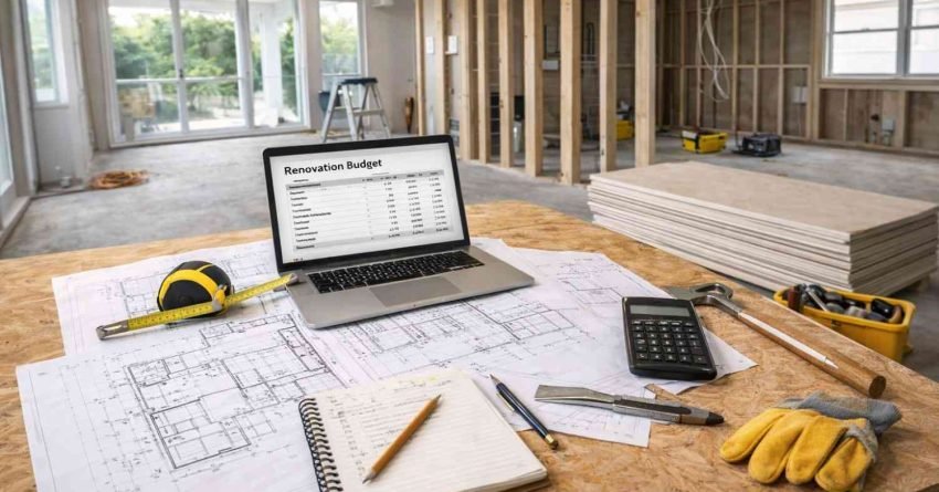 Architectural floor plans and budgeting tools used for planning a whole home renovation project.