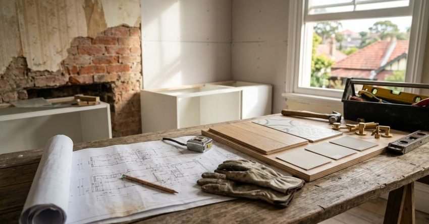 Kitchen renovation in progress showing architectural blueprints, leather work gloves, timber flooring boards, tile samples, and a toolbox on a timber workbench in front of exposed brickwork and uninstalled white cabinet carcasses.
