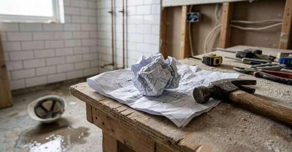 Crumpled architectural blueprint paper and a claw hammer resting on a weathered wooden workbench in an unfinished bathroom remodel with exposed copper plumbing, wall studs, and tools.
