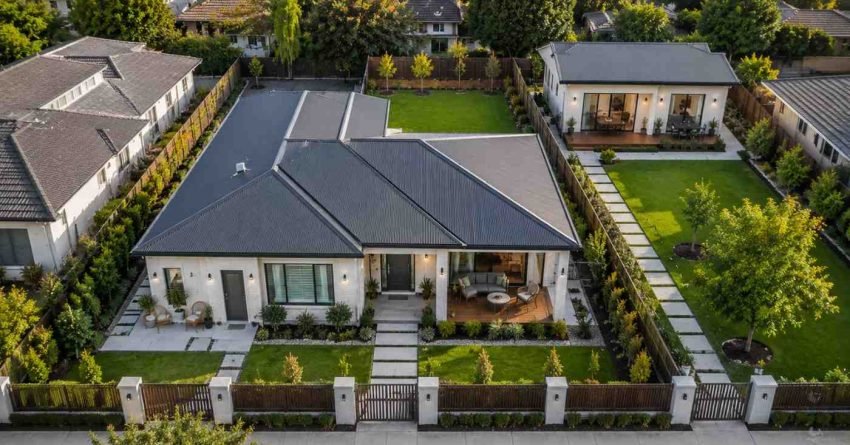 Aerial comparison of a suburban property featuring an attached granny flat connected to the main house and a detached granny flat located separately in the backyard, highlighting the differences in layout, privacy, and design.