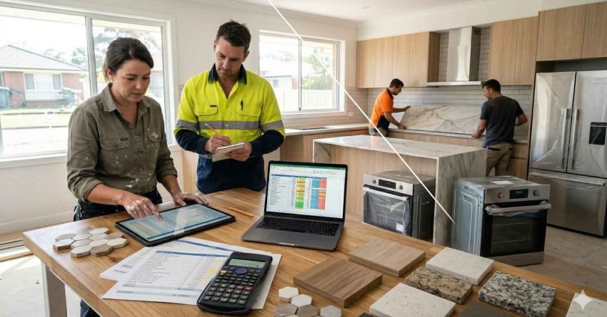 Homeowner reviewing the average cost of a new kitchen in Australia with contractor, showing budget documents and kitchen renovation in progress