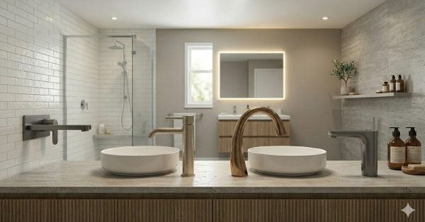 bathroom faucets in style 2026 including wall mounted brushed metal curved and smart touchless designs