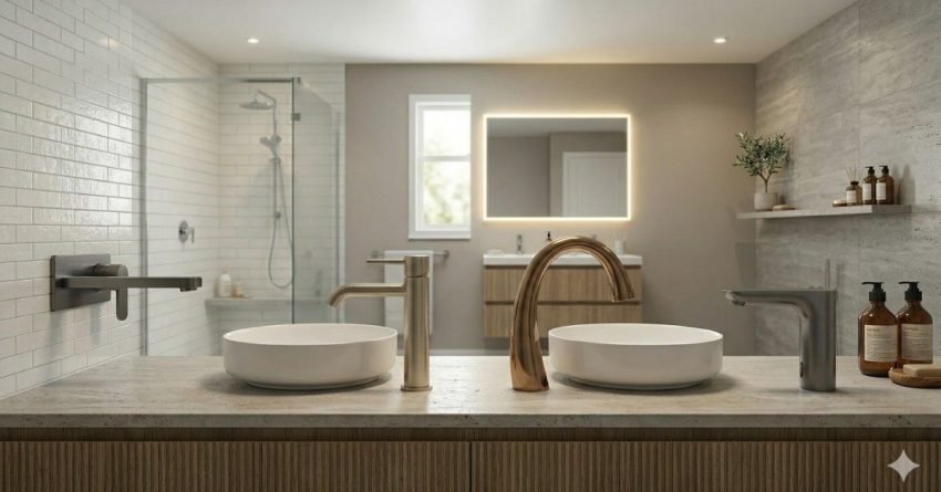 bathroom faucets in style 2026 including wall mounted brushed metal curved and smart touchless designs