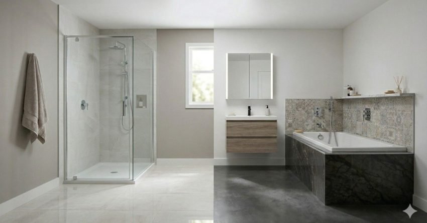 comparison of bathroom with light floor and dark floor showing how floor color affects wall design and space