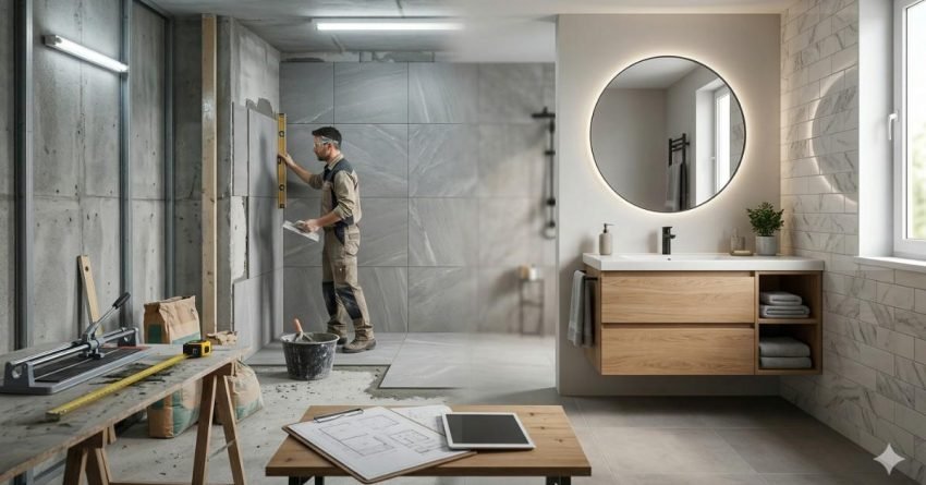 bathroom remodel showing before and after renovation with budgeting and planning concept