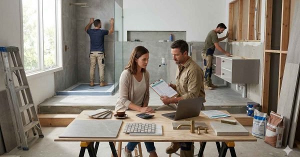 Homeowner reviewing bathroom renovation costs in Australia with contractor, showing budget documents and renovation work in progress