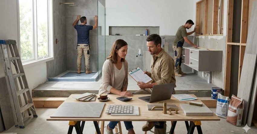 Homeowner reviewing bathroom renovation costs in Australia with contractor, showing budget documents and renovation work in progress