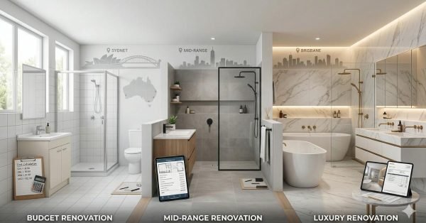 bathroom renovation costs in Australia 2026 showing budget mid range and luxury bathroom designs with pricing comparison