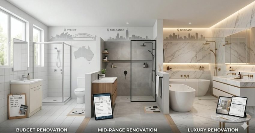 bathroom renovation costs in Australia 2026 showing budget mid range and luxury bathroom designs with pricing comparison