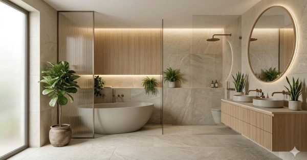 modern bathroom trends 2026 featuring spa like design natural materials warm tones and minimalist luxury style