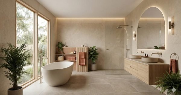 bathroom trends Australia 2026 featuring spa style design earthy tones natural materials and modern fixtures