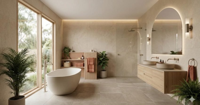bathroom trends Australia 2026 featuring spa style design earthy tones natural materials and modern fixtures
