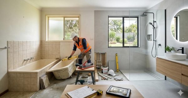 bathtub to shower conversion in Australia showing before and after bathroom renovation with walk in shower installation