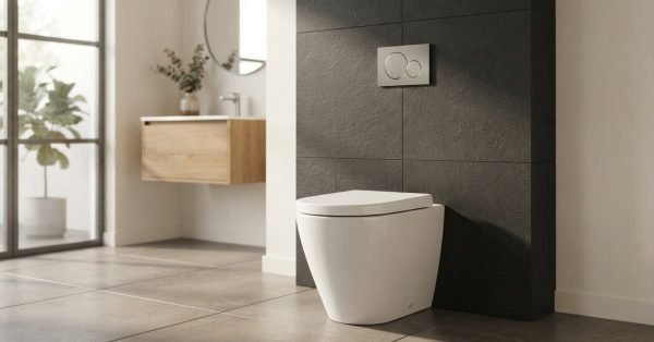 Back-to-wall white ceramic toilet pan with brushed stainless steel dual-flush plate mounted against a charcoal black textured stone feature column in a modern bathroom