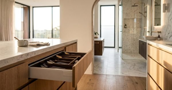 Open kitchen island drawer with wooden cutlery organizer leading through an arched doorway into an ensuite bathroom with terrazzo tile walk-in shower