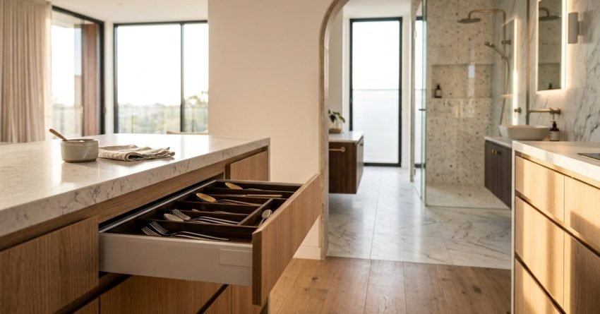 Open kitchen island drawer with wooden cutlery organizer leading through an arched doorway into an ensuite bathroom with terrazzo tile walk-in shower