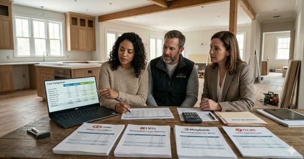 Homeowner comparing renovation loan offers from different banks with financial documents and advisor guidance
