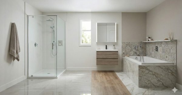 best flooring for bathrooms showing porcelain tile vinyl plank and natural stone flooring comparison