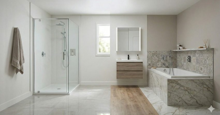 best flooring for bathrooms showing porcelain tile vinyl plank and natural stone flooring comparison