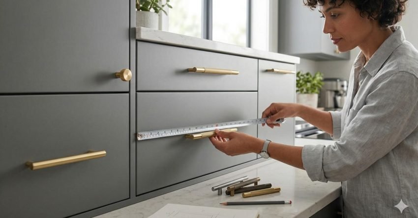 Close-up of kitchen cabinets with properly sized pulls showing ideal proportions and alignment for modern design