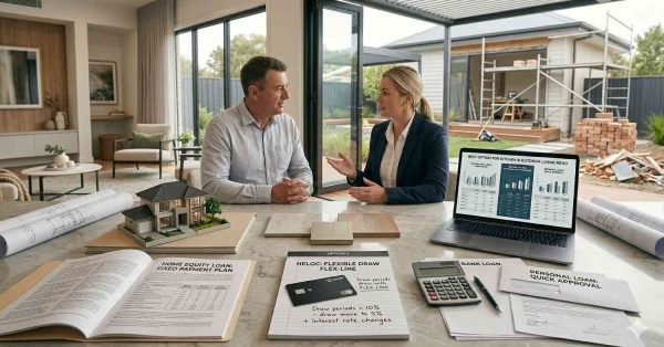 Homeowner comparing best loan options for home improvements including home equity loan, HELOC, and personal loan with financial documents