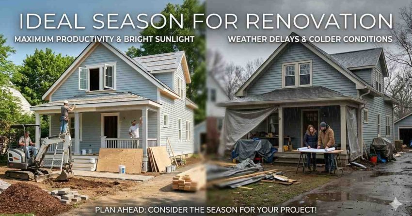 Home renovation during ideal weather conditions showing spring and summer as the best time of year to renovate with active construction work