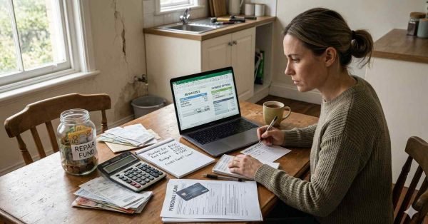 Homeowner comparing payment options like cash, credit, and loans for home repairs with budgeting tools and repair issues in background