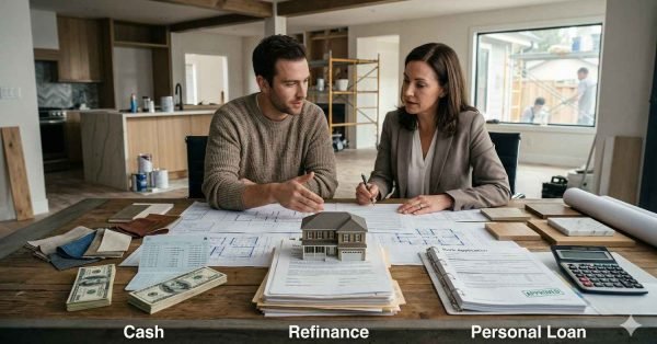 Homeowner comparing cash, refinance, and personal loan options to pay for home renovations with financial documents and plans