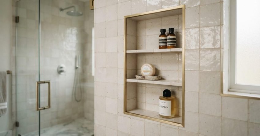 Recessed three-tier shower niche with brushed brass trim in a cream Zellige tile wall, holding shampoo bottles and soap