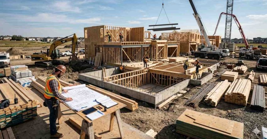 House construction site showing foundation and structural framing with workers and machinery representing the biggest building expense