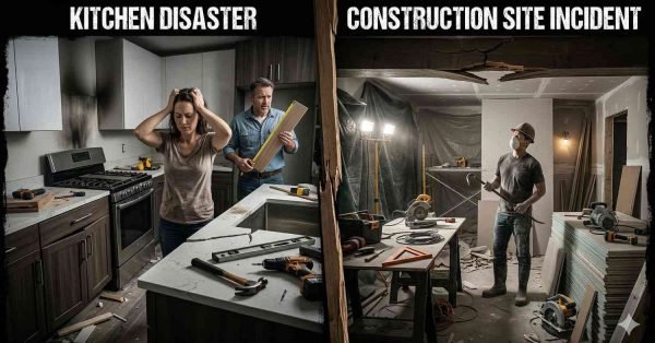 Frustrated homeowner in a kitchen with visible renovation mistakes like crooked cabinets and poor layout design