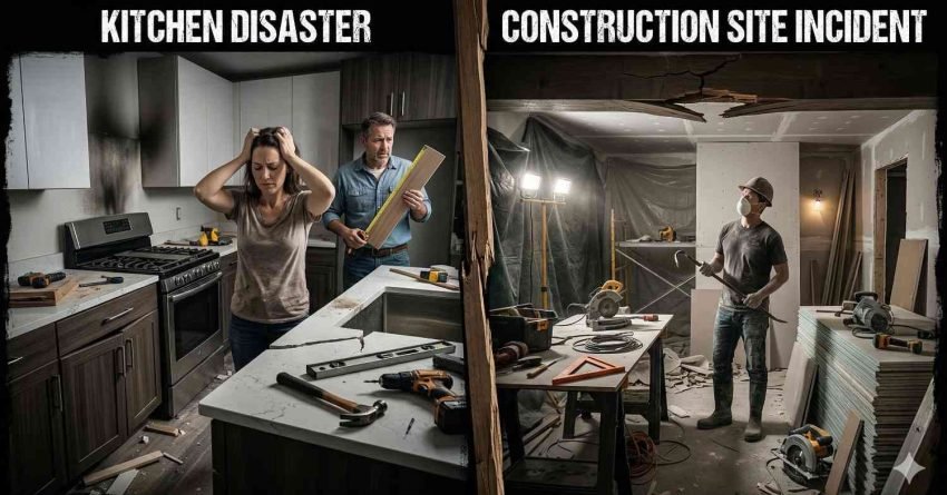 Frustrated homeowner in a kitchen with visible renovation mistakes like crooked cabinets and poor layout design