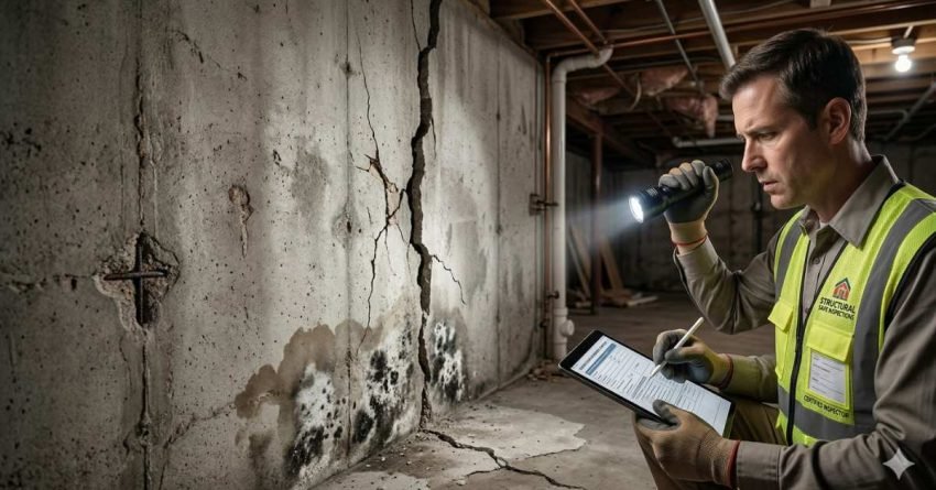 home inspector examining large foundation crack and structural damage during home inspection