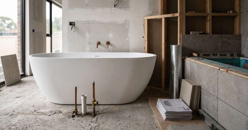 White freestanding bathtub placed in unfinished bathroom during renovation with exposed copper plumbing pipes and wall studs