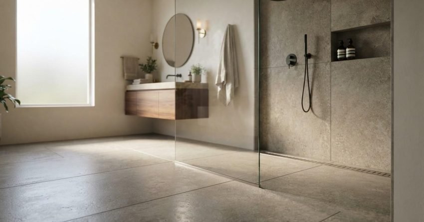 Curbless walk-in shower with seamless floor transition, large-format grey stone tiles, frameless glass screen, linear drain, and matte black fixtures
