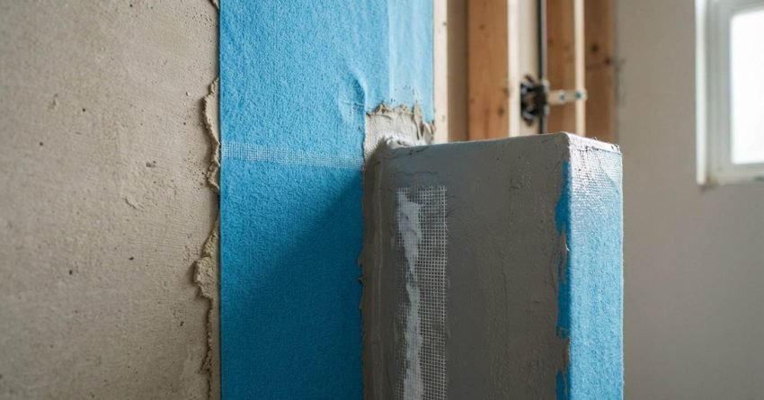 Close-up of blue shower waterproofing sheet membrane and corner joint reinforced with fiberglass mesh tape and grey waterproof sealant on stud framing