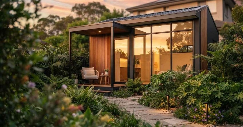 A contemporary prefab backyard pod featuring vertical wood siding, floor-to-ceiling glass windows, and a sheltered front porch illuminated at sunset amidst a lush garden with a flagstone path
