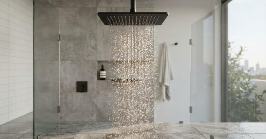 Ceiling-mounted matte black square rainfall shower head with water streaming down onto marble floor tiles in a modern walk-in shower