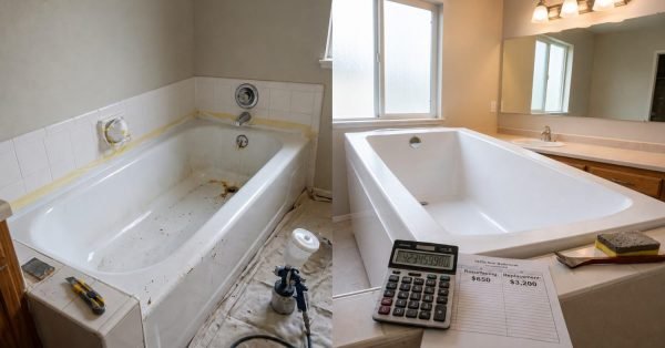 Before and after comparison of bathtub refinishing showing a stained worn bathtub on left and a clean restored tub on right with price comparison document